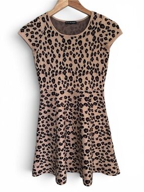 MyMichelle Girls Leopard Print Knit Party Wear Skater Dress Beige/Black Sz L